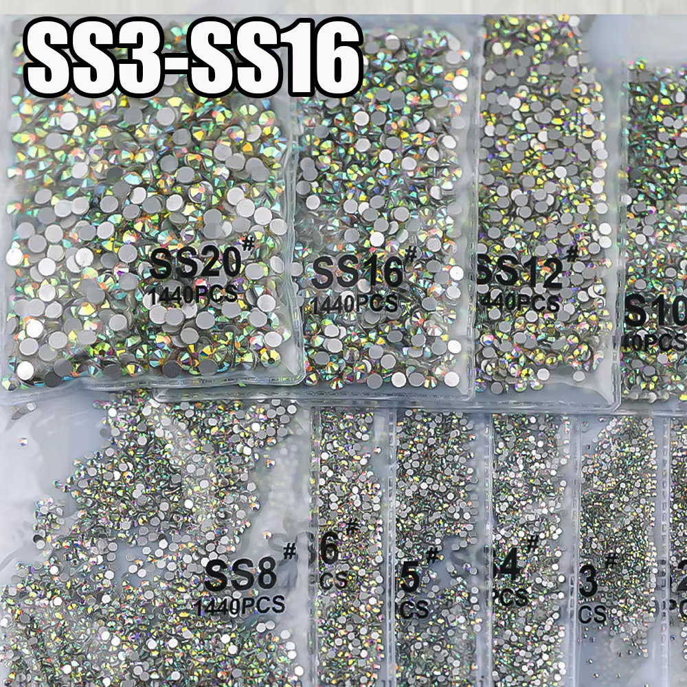 Sachet de 1440 pièces AB/clair rond mini diamant SS3-SS16(1.3-4mm) FlatBack Nail Non-Hotfix cristal