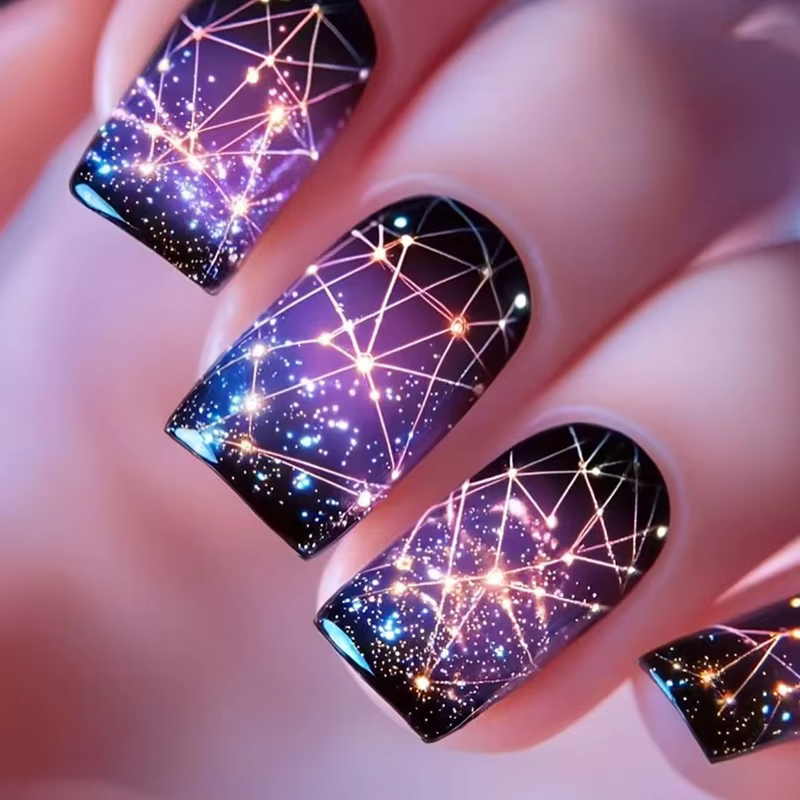 Faux ongles moyens pour femmes, paillettes dorées, étoiles argentées, dégradé nude, violet, noir, am
