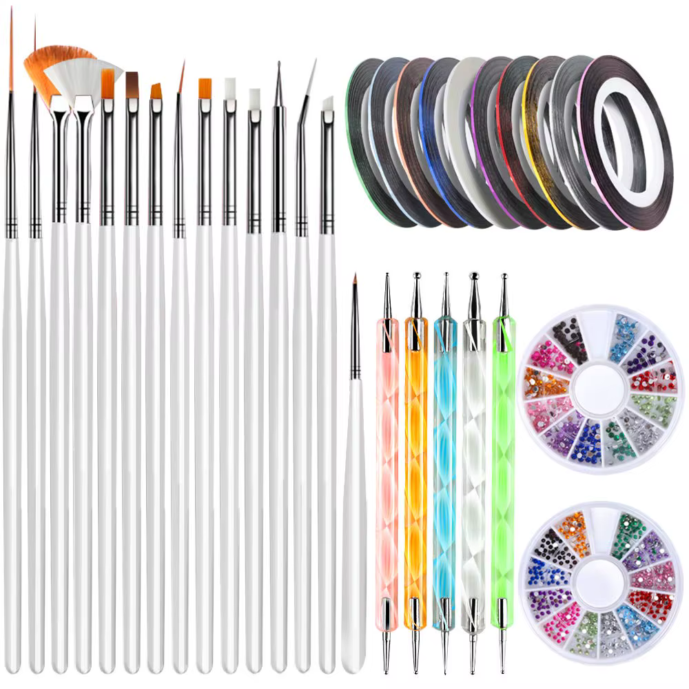 Ensemble d'outils pour nail art 32 pièces – Pinceaux, lignes dorées/argentées, stylo à points, stras