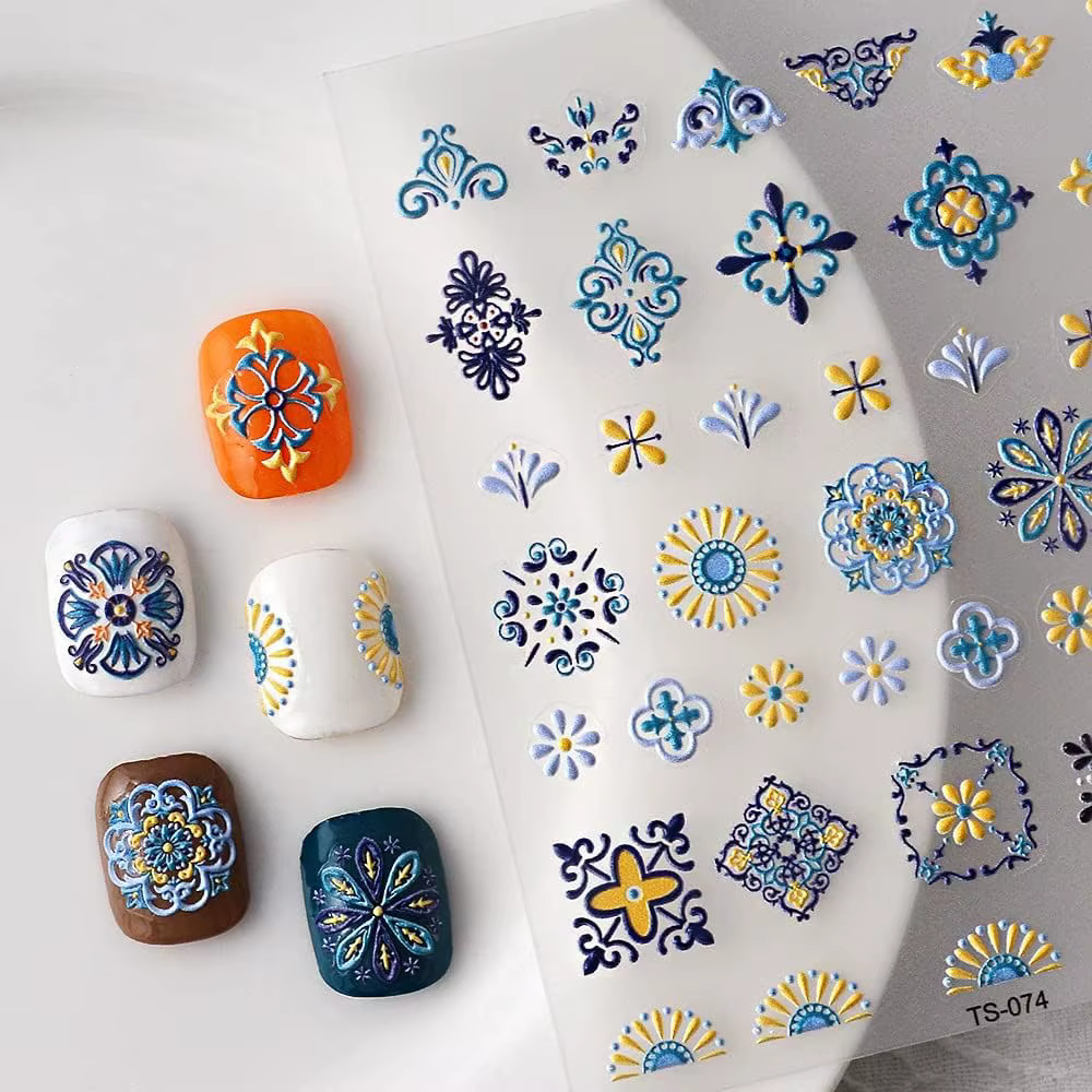 Autocollants pour ongles bohème 5D, 1 pièce, autocollant pour ongles, Design abstrait, rétro, bleu, 