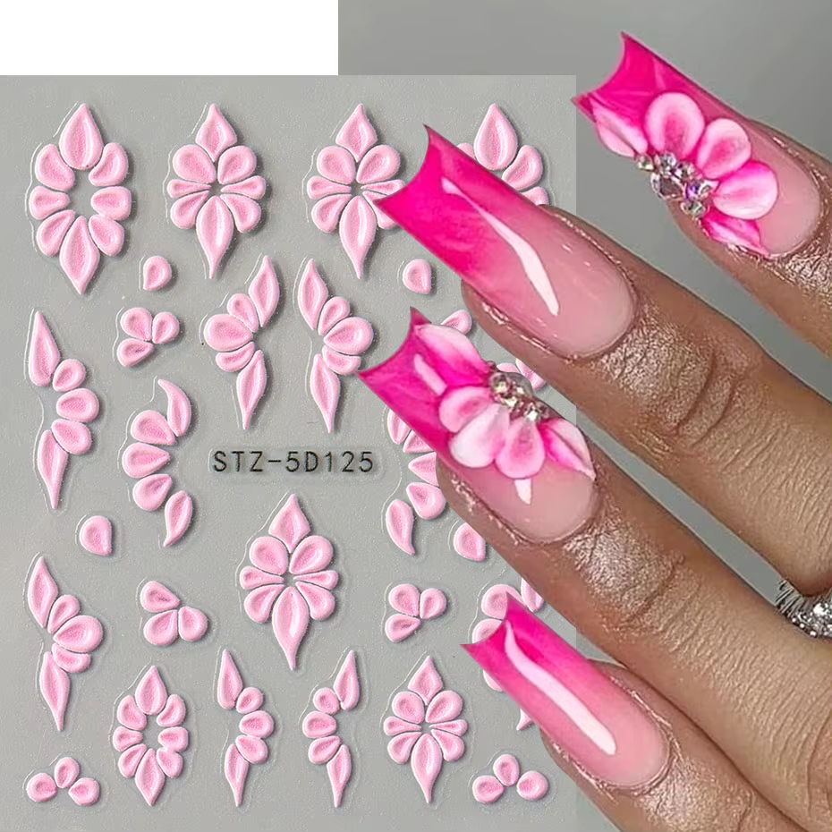 Autocollants pour ongles en forme de fleur en relief 5D, motifs élégants de pétales blancs, roses et