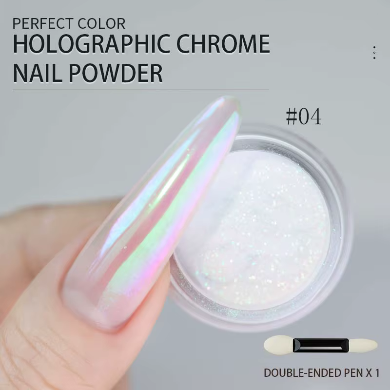 Poudre à ongles chromée nacrée blanche, poudre irisée effet aurore, pigment effet miroir métallique,