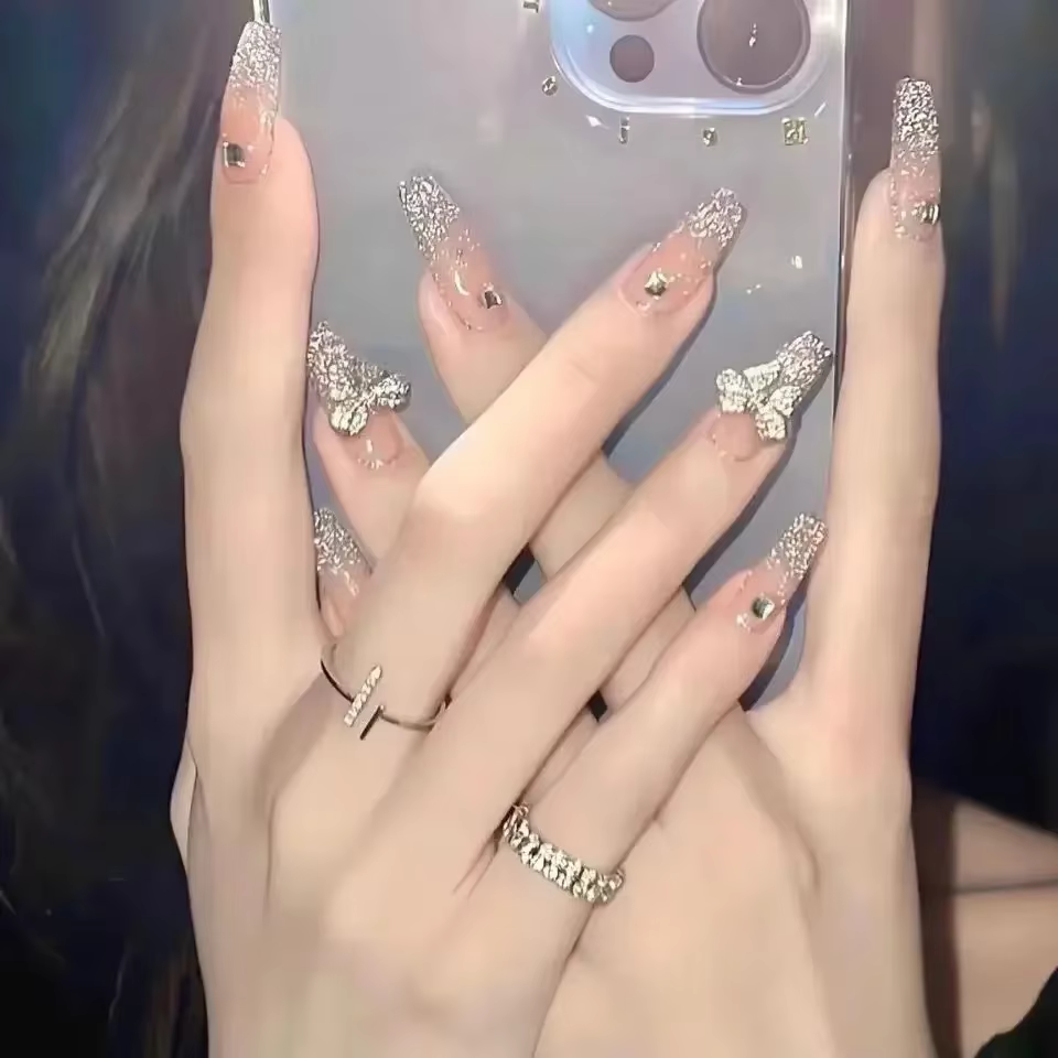Faux ongles roses à pression, motifs d'ongles, longs pointes, formes avec bâton de colle, autocollan