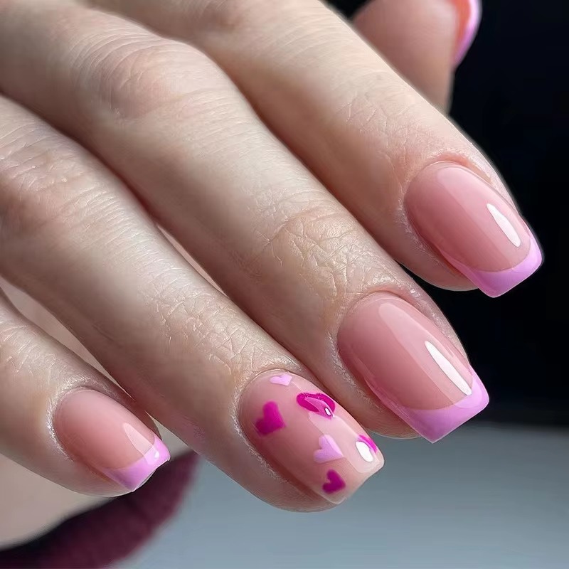 Leon-Faux ongles en poudre pailletée, couleur rouge, cœur d'amour, style français, avec poignées amo