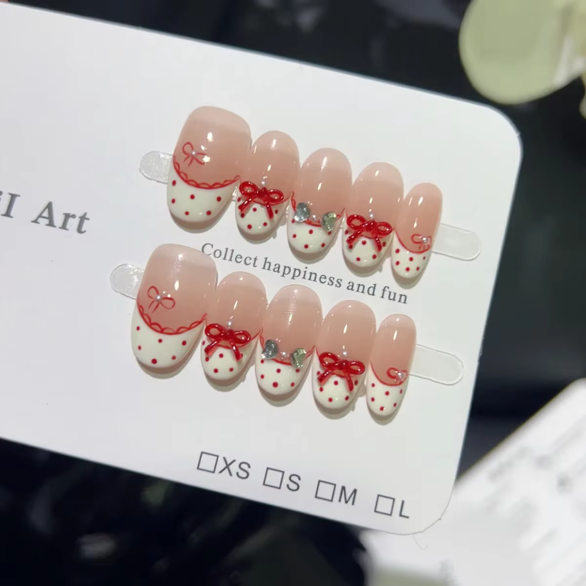 Faux ongles ovales courts et bleus, 10 pièces, rétro, dessinés à la main, marron, nœud à pois, press