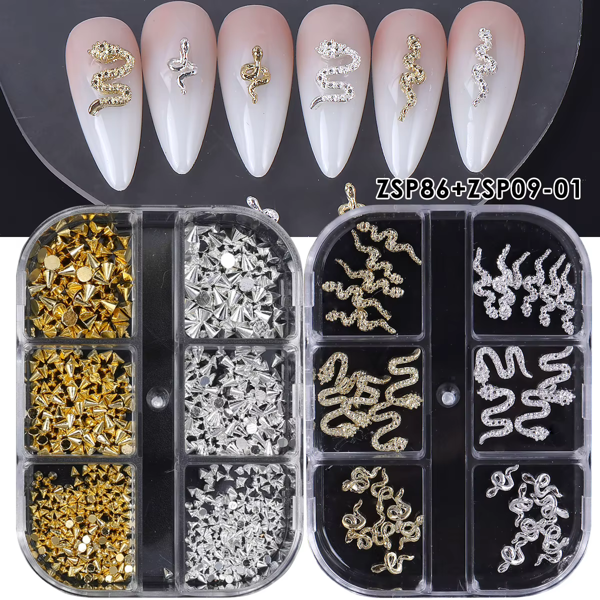 2 boîtes de strass serpent Rivet ongles accessoires Style Punk or argent métal bijoux Cool charme Ha