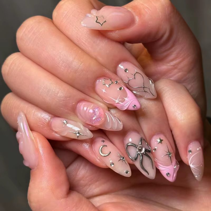 24 pièces faux ongles français fini amande ongles ensembles avec nœud doré conception faux ongles Ar