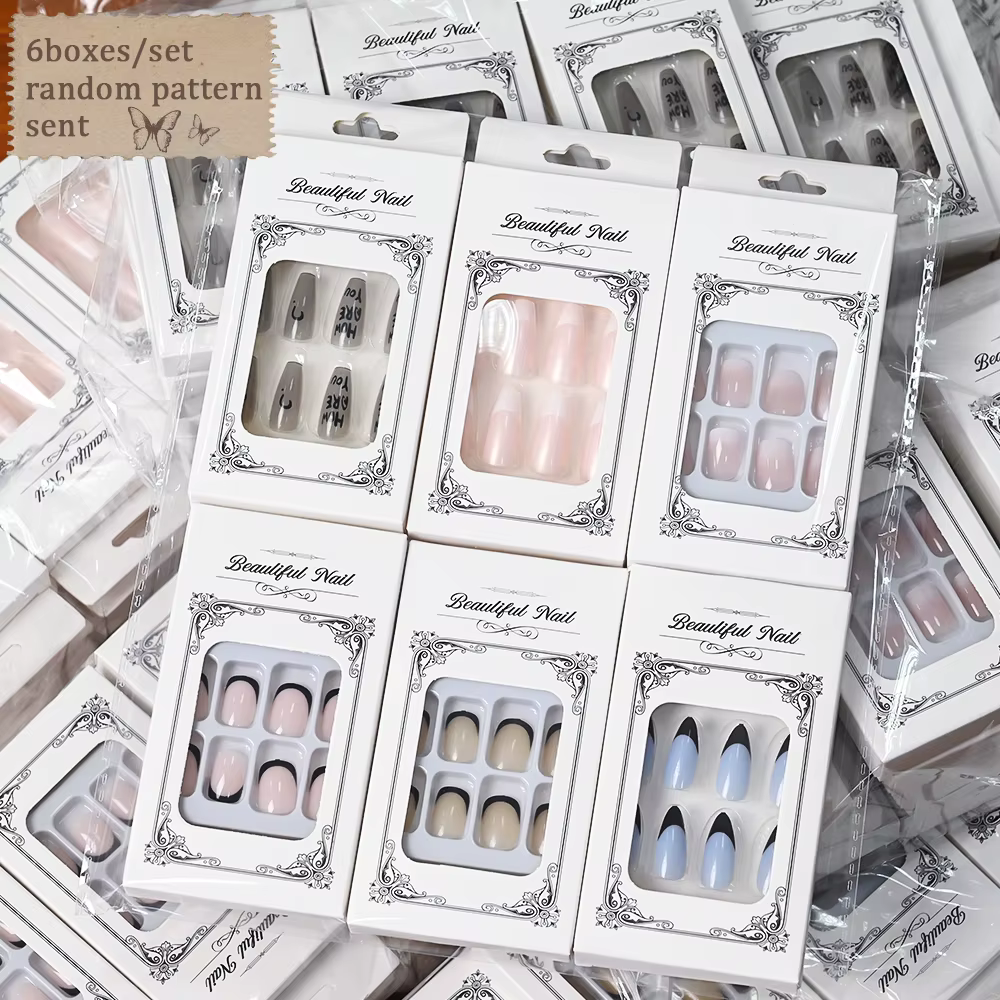 6 boîtes/144 pièces mélange aléatoire Style court rond presse sur ongles doux couverture complète dé