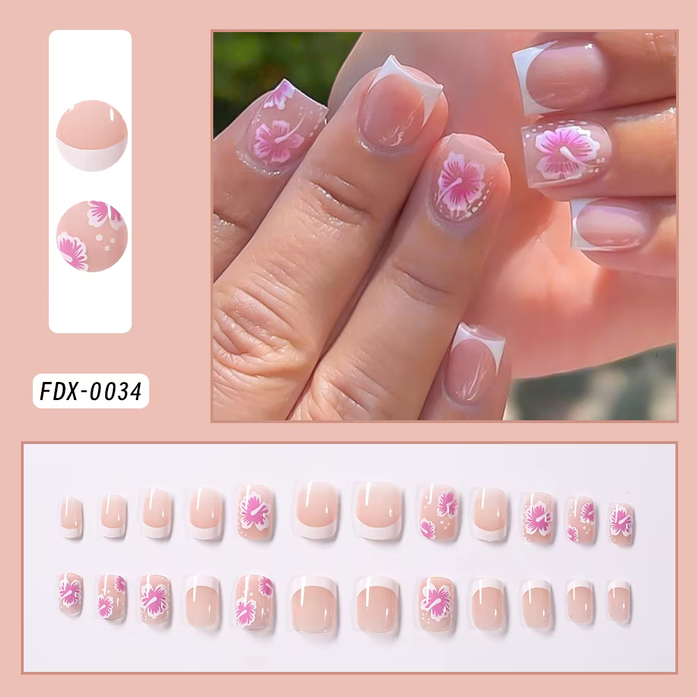 Faux ongles à fleurs françaises, 24 pièces, Design Hibiscus rose, couverture complète, pointes de do