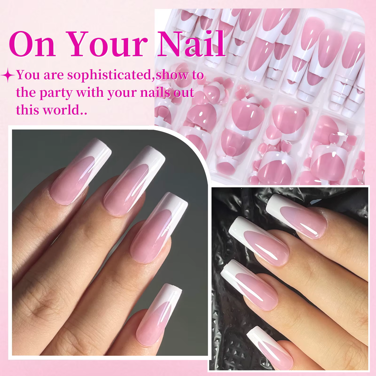 144 pièces français noir rose main et pied portant des ongles ensemble court carré faux ongles press