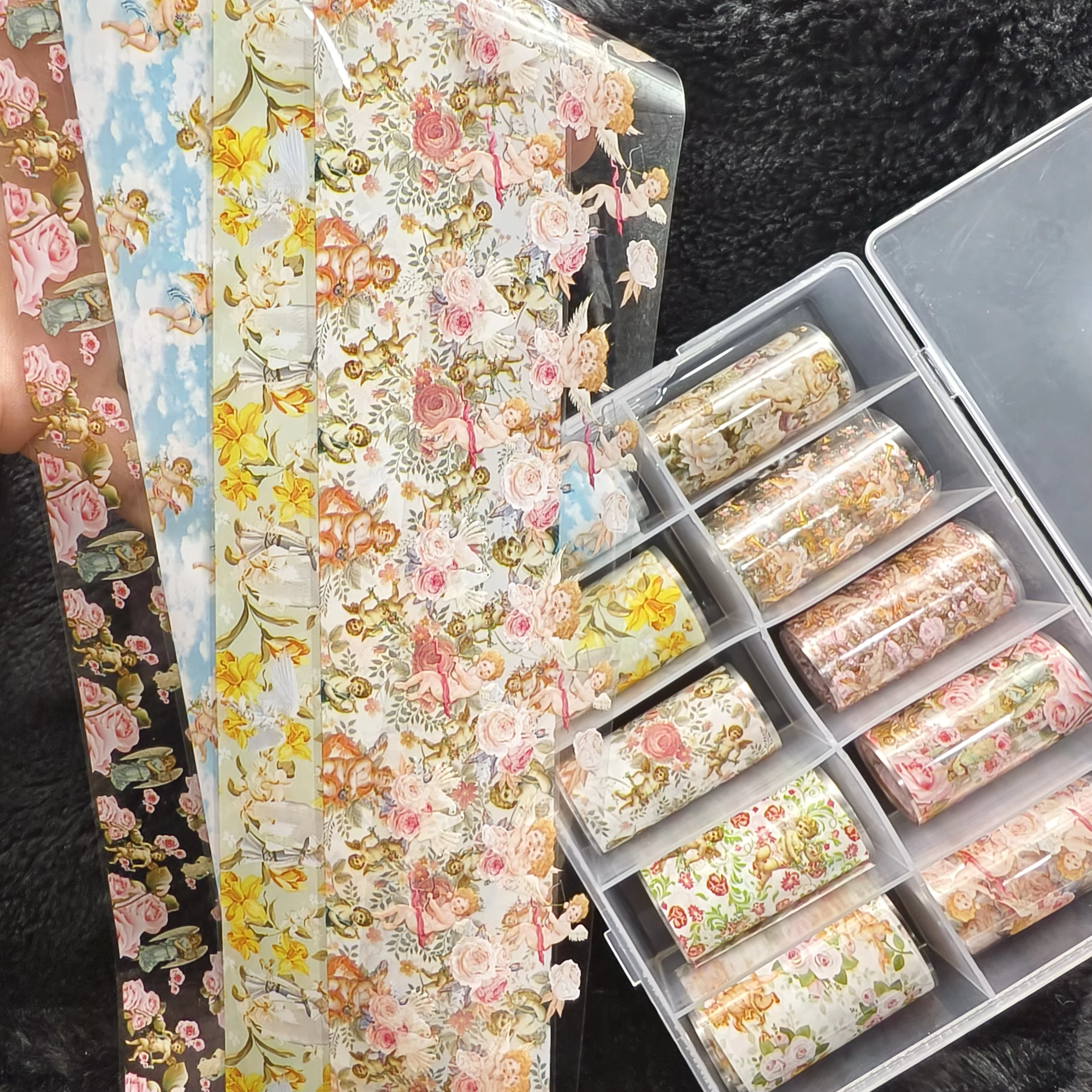 10 rouleaux de feuilles d'ongles à carreaux de fleurs d'halloween, ange, nœud en marbre, papier de t