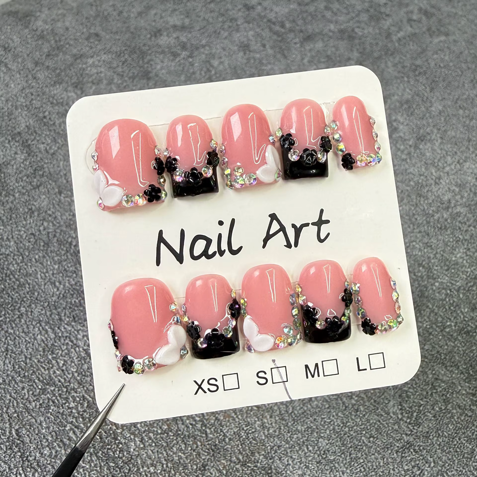 10 pièces cercueil court fait à la main presse sur les ongles avec sculpture 3d fleur conception fau