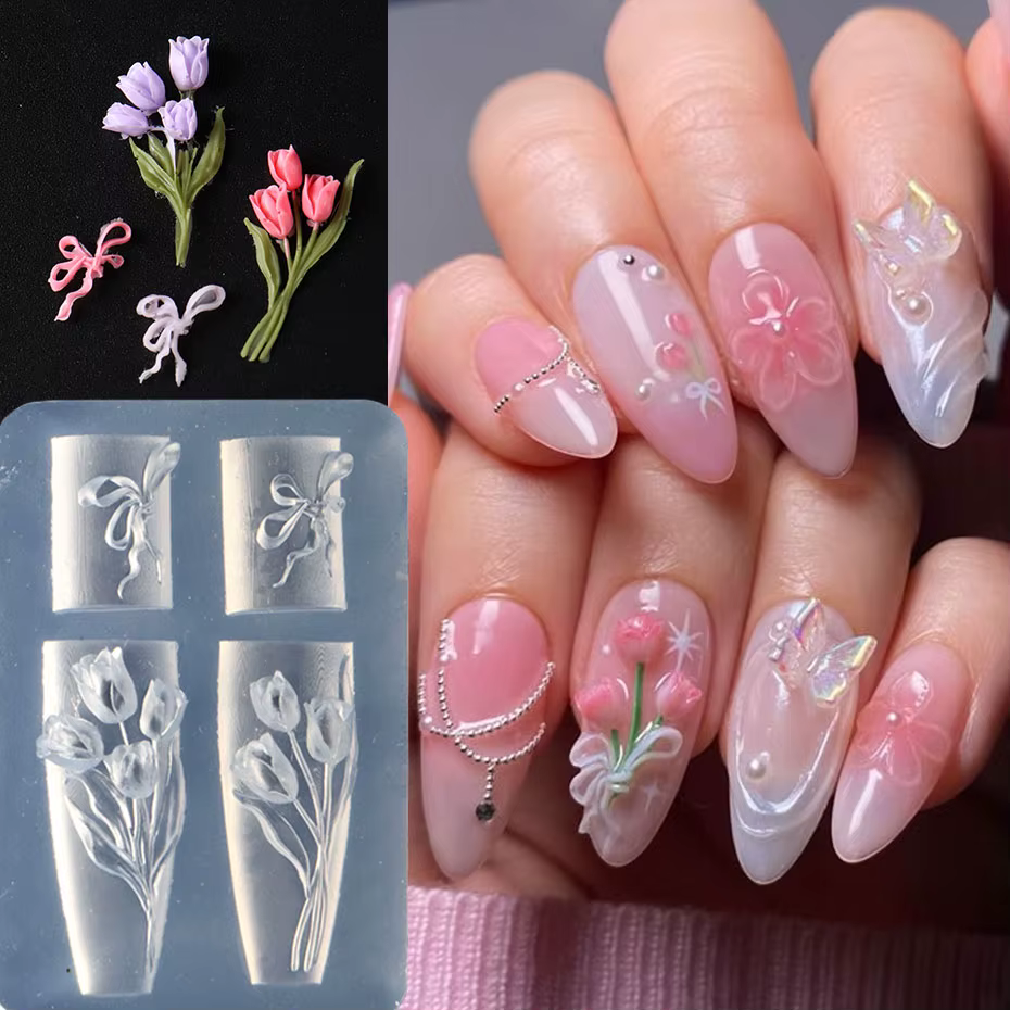 5D tulipe bouquet ongles breloques moule en Silicone doux nœud papillon conception sculpture Art rés