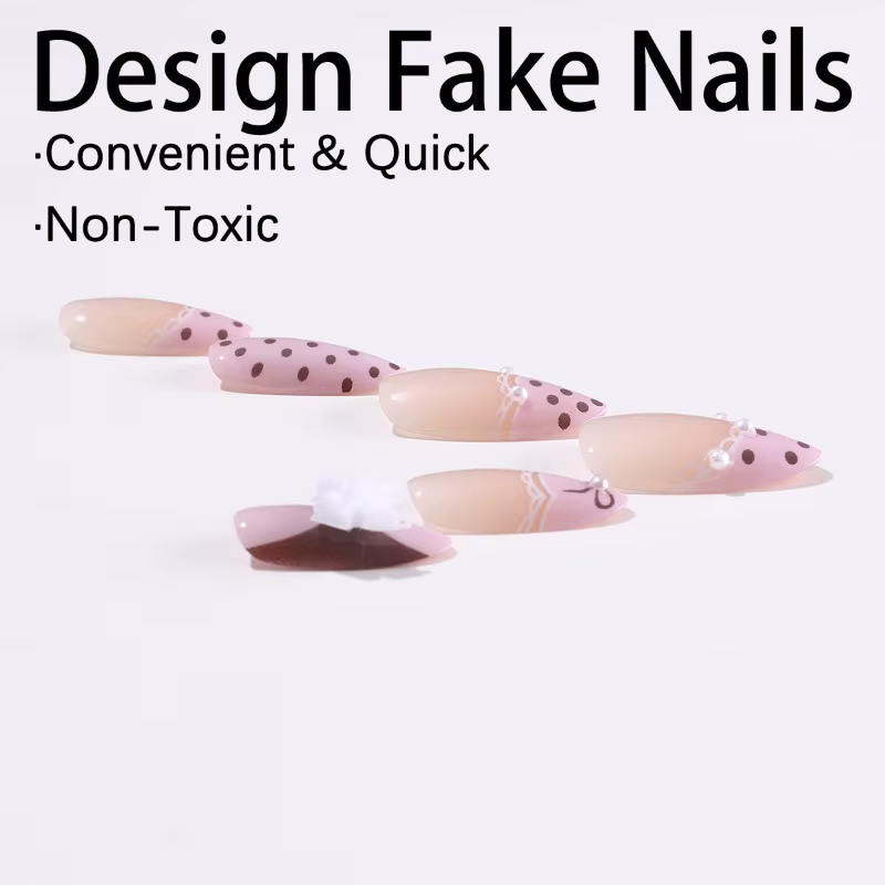 24 faux ongles en gel press-on rose doux, à pois bruns, nœud papillon blanc 3D, pour femmes et fille