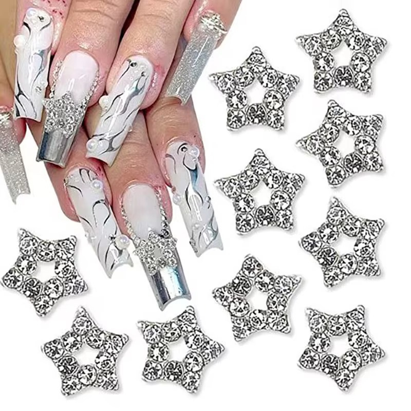 10 pièces 3D argent pentagramme étoile Nail Art alliage strass luxe métal étoile breloques ongles bi