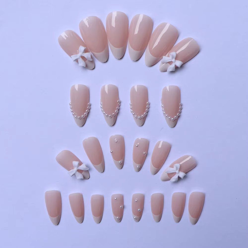 ARTAUG 24 pièces presse moyenne sur les ongles Stiletto rose nœud papillon bout des doigts garniture