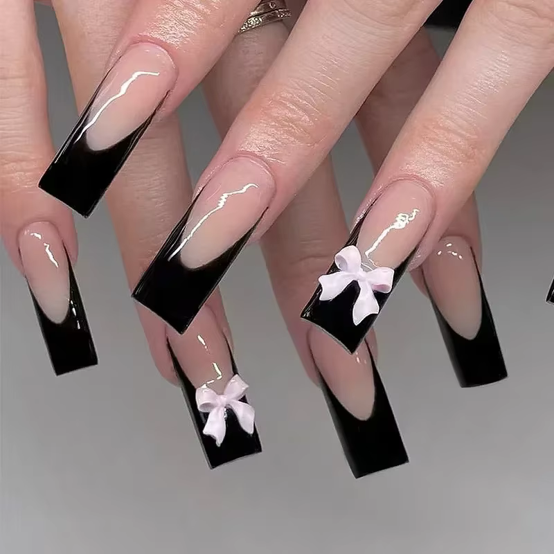 24 pièces presse sur ongles court amande nœud papillon noir presse sur ongles blanc perle douce poin