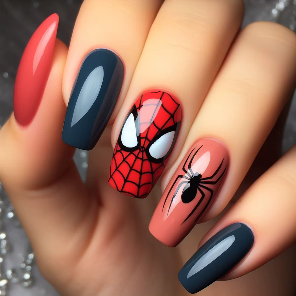 4 ensembles de faux ongles carrés mi-longs, 96/24 pièces, avec des dessins comprenant des araignées,