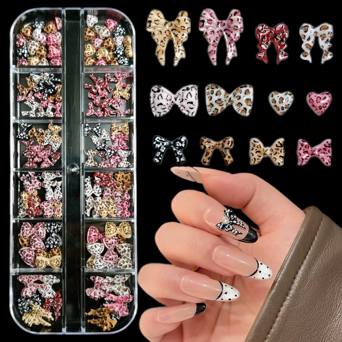 1 boîte vente chaude imprimé léopard ruban arc résine ongles breloques 3D fond plat coloré tacheté c