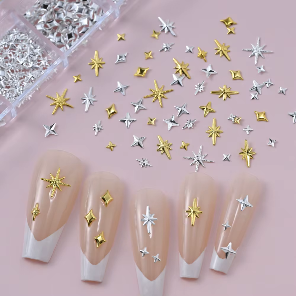 Breloques étoiles métalliques 3D pour Nail Art, 12 grilles, or/argent, Starlight, croix, Rivets, déc
