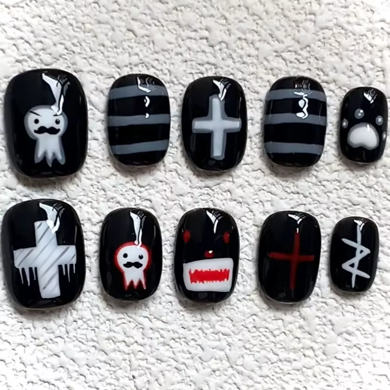30 faux ongles blanc laiteux, motifs mignons de poisson et cœur à carreaux, à presser, courts, ovale