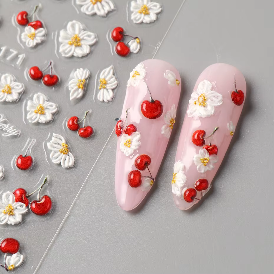 Autocollants pour ongles en relief 5D élégants à motif de cerises, fleurs blanches de printemps, aut