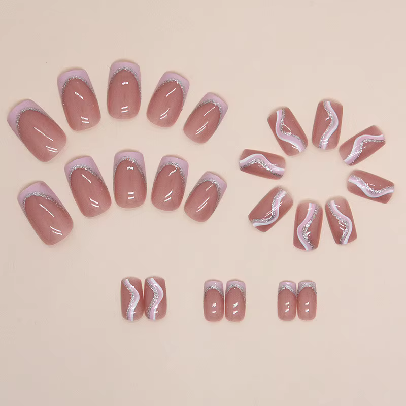 24 pièces de rayures minimalistes françaises courtes avec 1 gelée et 1 lime à ongles