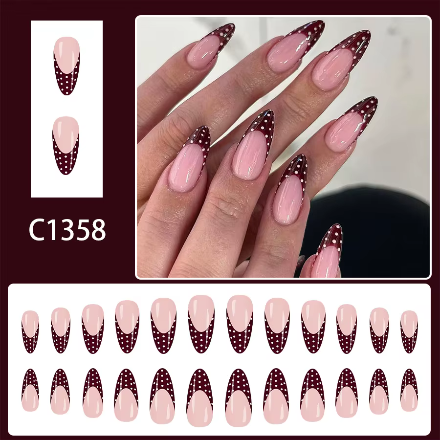 Doux français pointe presse sur ongles moyen amande forme brillant rouge blanc à pois faux ongles 24