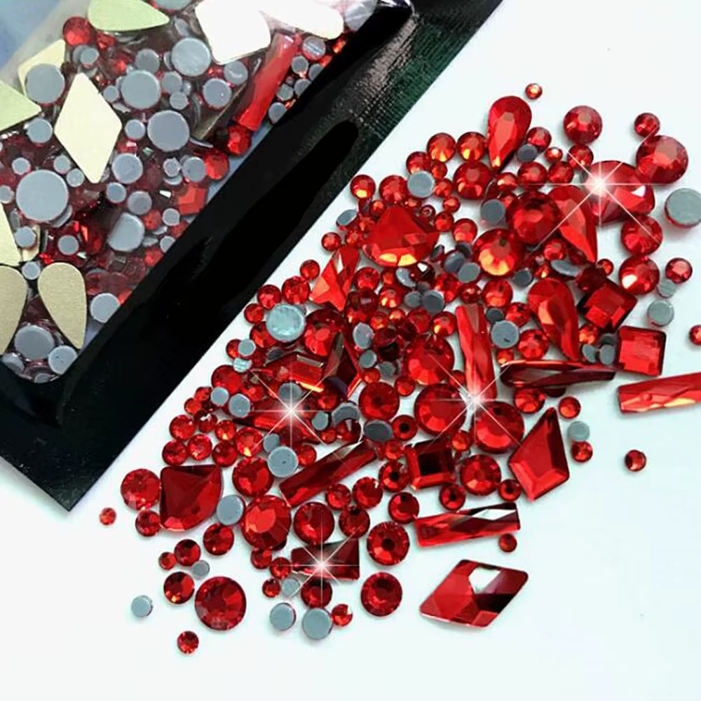 Strass pour ongles mixtes AB à dos plat, multi-formes AB/clair/rouge/or, cristal de luxe 9D SS3, Min