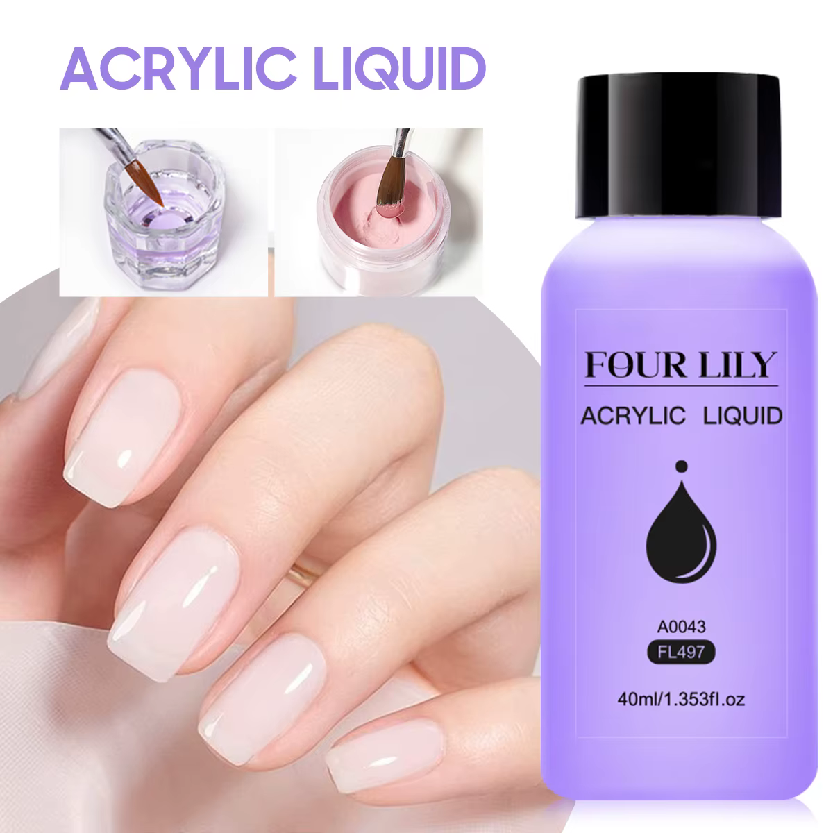 FOUR LILY 40ml Liquide acrylique pour poudre acrylique, monomère, cristaux, nail art, extension d'on