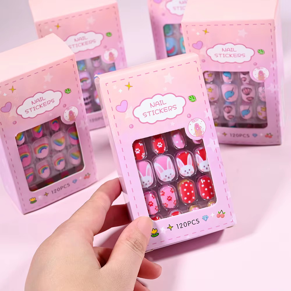 120 pièces/boîte rose dessin animé enfants presse sur ongles couleur bonbon licorne chat lapin enfan