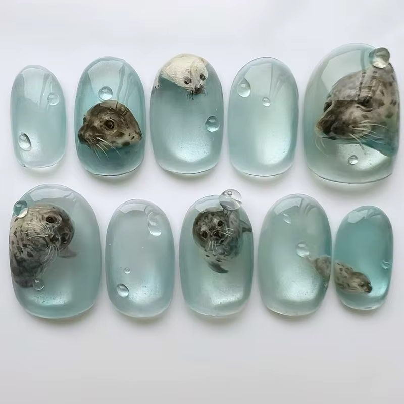 Faux ongles à tête ronde courte, 24 pièces, œil de chat bleu, pointes à pression avec colle gelée, m