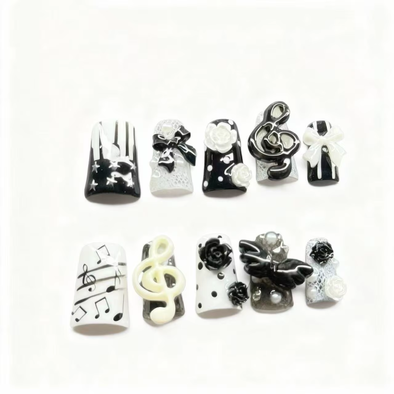 10 pièces à la main gothique presse sur ongles Punk foncé 3D Note de musique conception faux ongles 