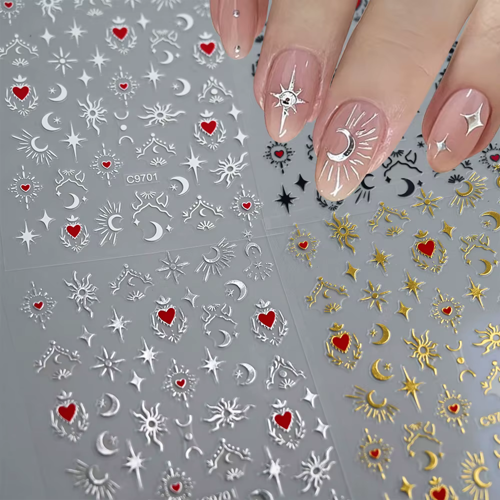 1 pièce Autocollants 3D pour ongles, Cœur d'amour doré bronzant, Y2K, Étoiles holographiques, Soleil