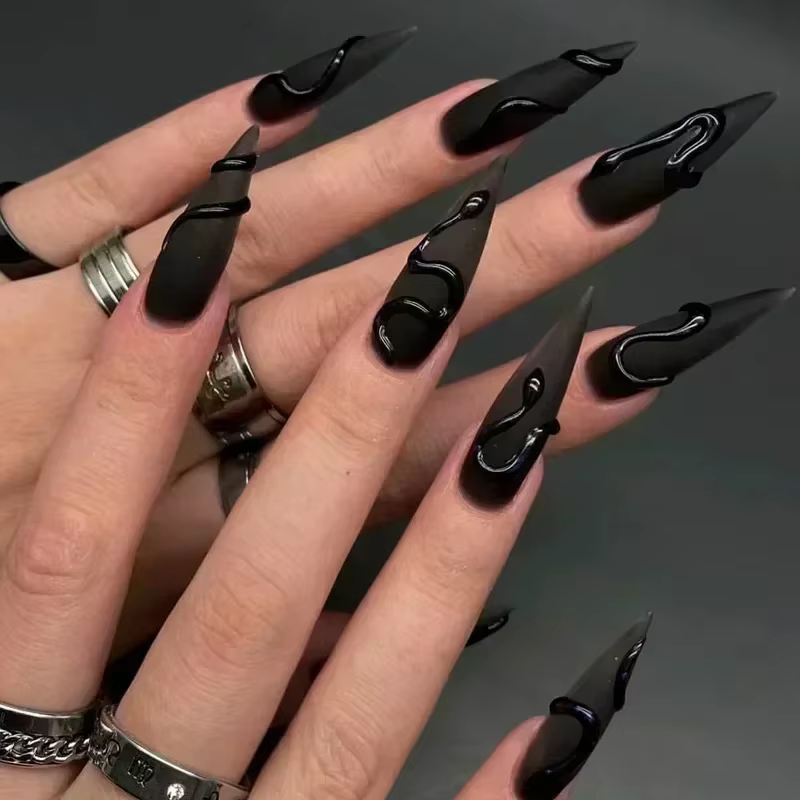 24 pièces faux ongles avec colle amande noir rouge dégradé conception détachable strass acrylique fa