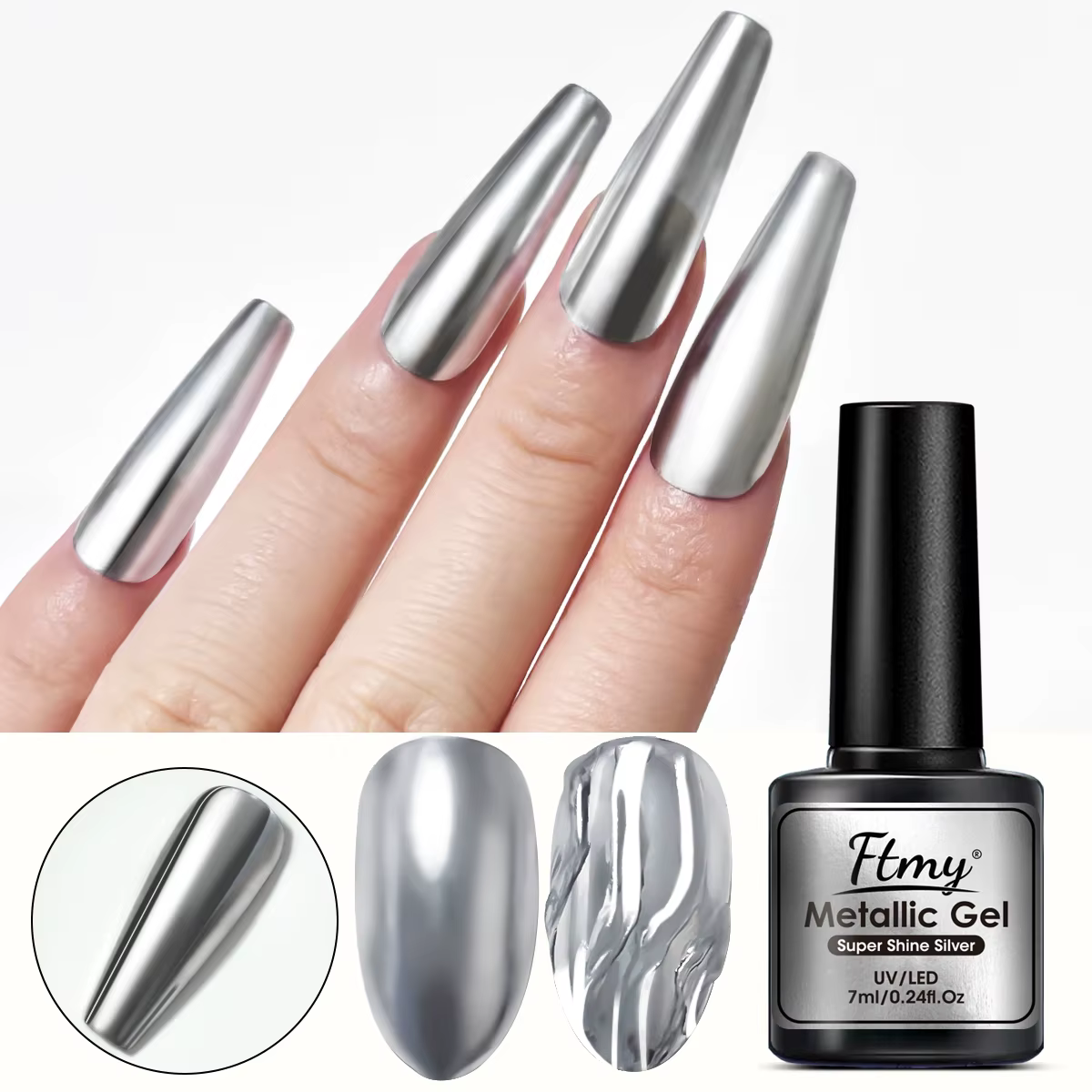 Gel métallique argenté pour Nail Art, finition miroir haute brillance, motif solide, faible allergèn