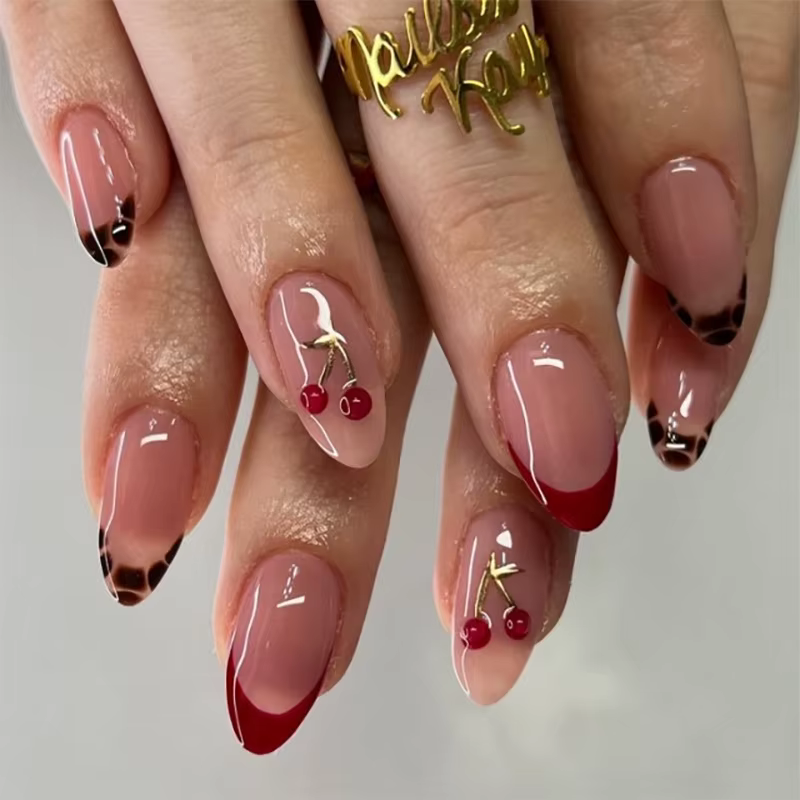 24 pièces rouge français court presse sur ongles doux Cool amande faux ongles nœud papillon perle am