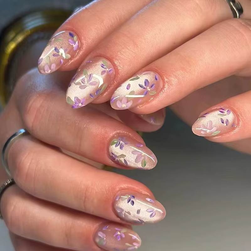 24 faux ongles en amande rose dégradé à presser avec perles et strass, motif nœud floral, couverture
