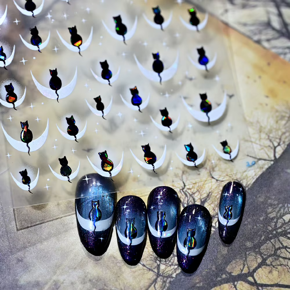 Autocollants pour ongles français chat noir dessin animé 5D, 1 pièce, décalcomanies pour ongles Kawa