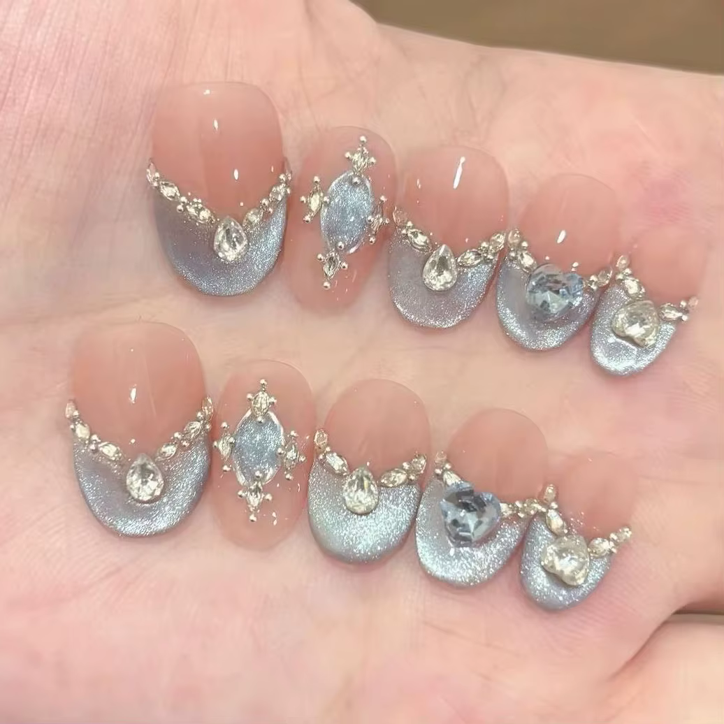 Faux ongles œil de chat amande, 10 pièces, bleu brillant avec petits strass, Nail Art, couleur chair
