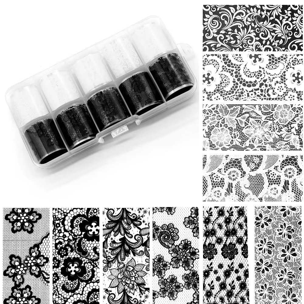 10 Rouleaux 2,5*50cm Nouvelle Feuille de Transfert Dentelle Noire et Blanche pour Nail Art, Adhésif 