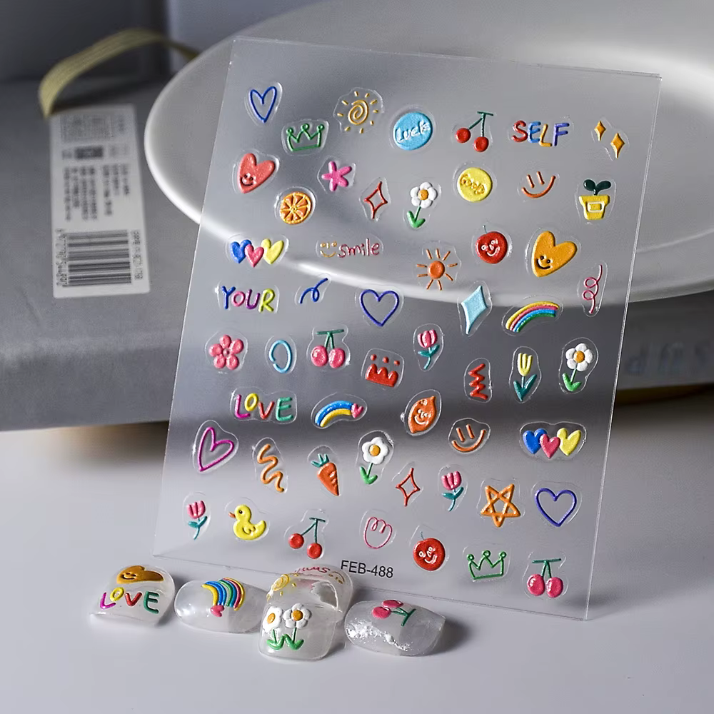 Autocollants pour ongles, Design de gelée, fleurs de tulipe, amour, cœur, lignes de couleur, Reliefs