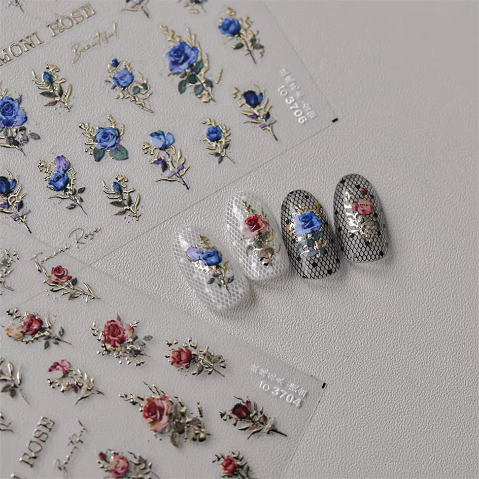 Autocollants pour ongles japonais Vintage, fleur de Rose rouge et bleue, Laser or argent, décalcoman