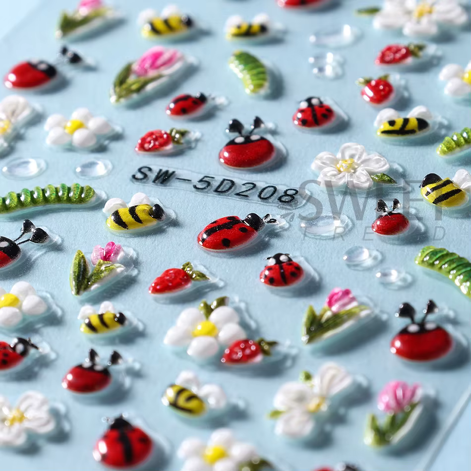 Autocollants pour ongles en relief, 1/2 pièces, motifs floraux printemps-été, abeille, coccinelle, i