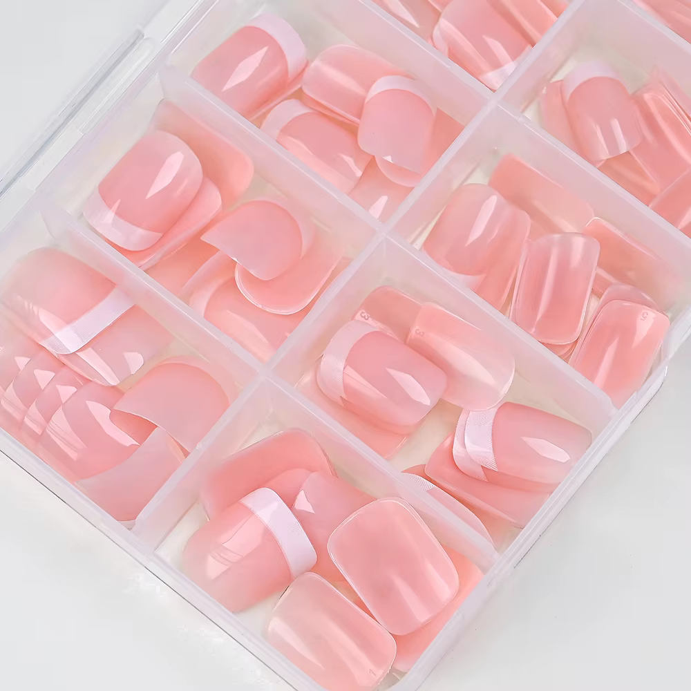Faux ongles français à pression carrée courte rose, blanc brillant, couverture complète réutilisable