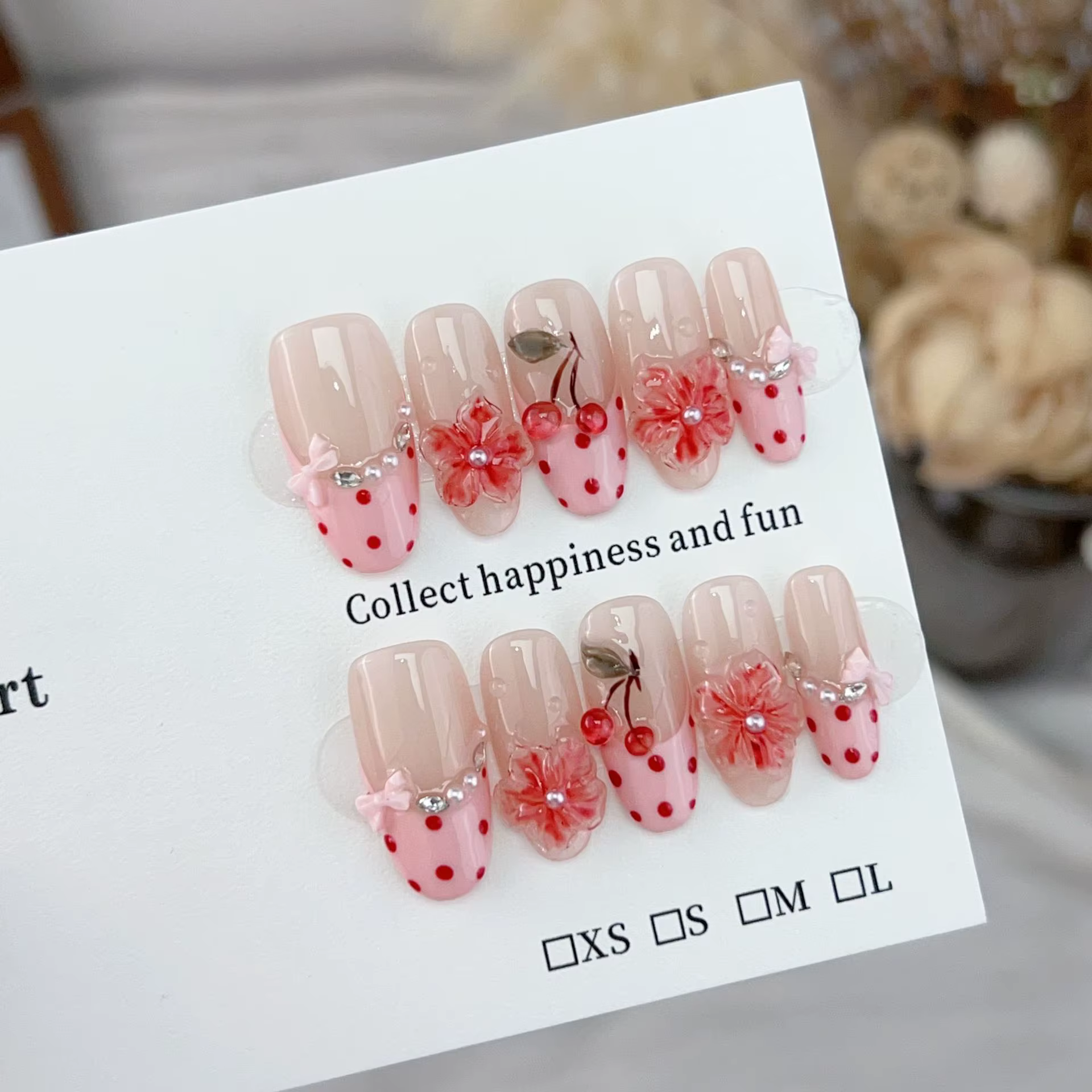 10 faux ongles faits main rose cerisier, manucure française 3D cerise, ongles à presser, forme ovale