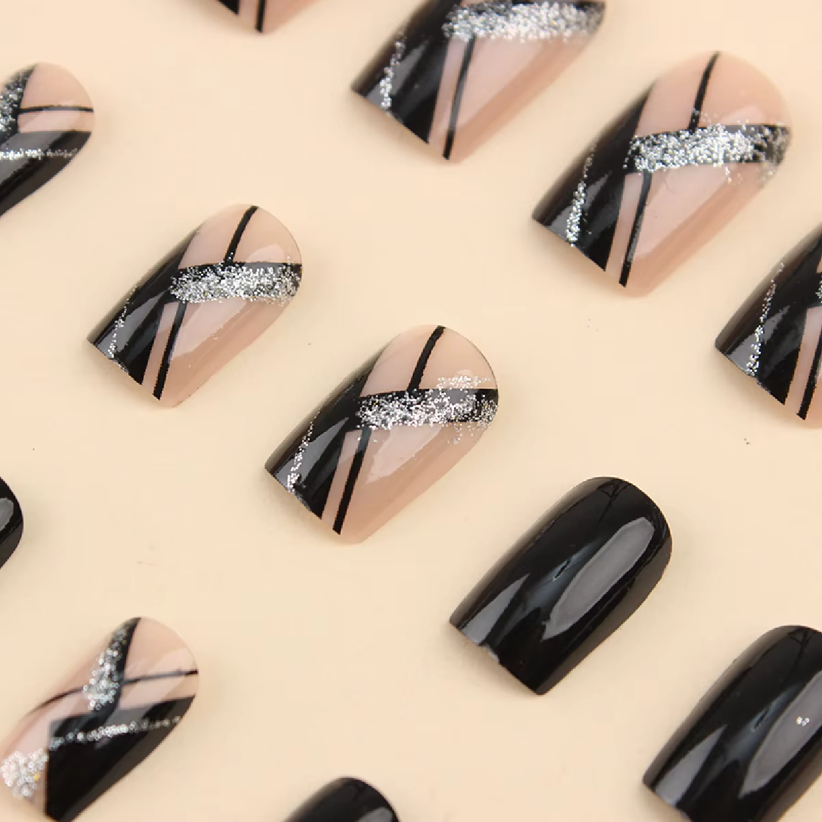 24 pièces carré noir couverture courte presse sur ongles argent rayure faux ongles réutilisable faux
