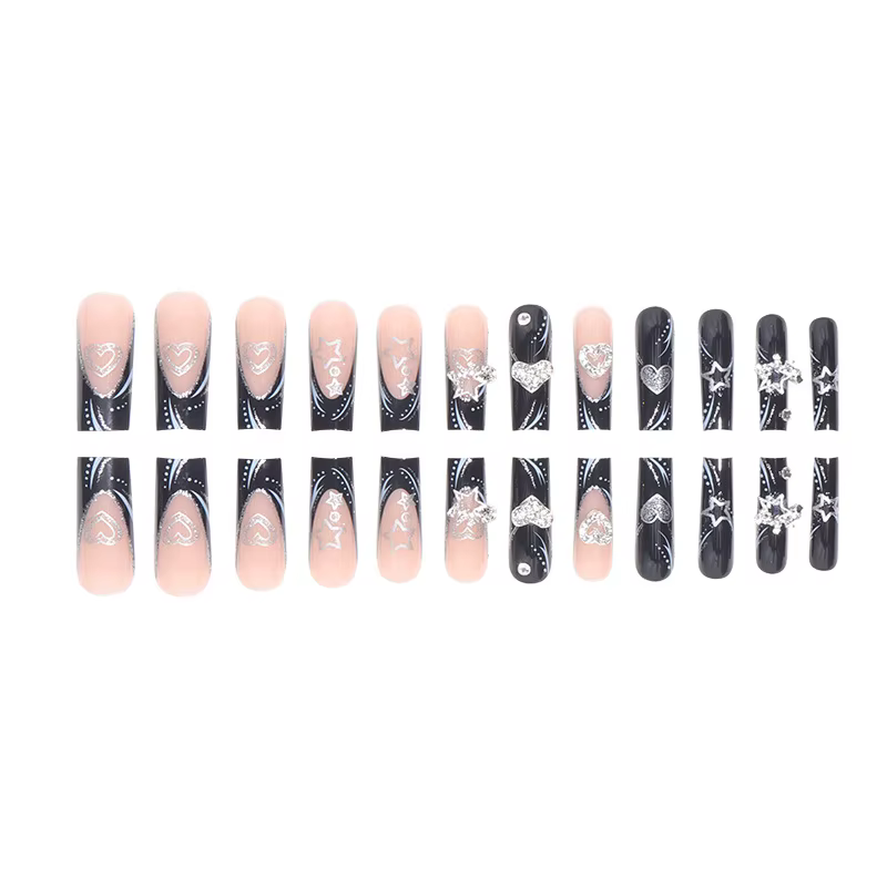 24 pièces/1 boîte noir français portant un Patch pour ongles doux et frais paillettes étoiles d'amou