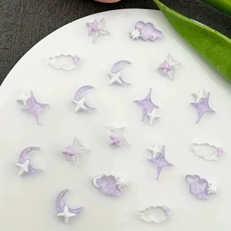 50pcs violet mélangé 3D lune nuage étoile breloques pour ongles en vrac Kawaii Lumionus Mini nuage d