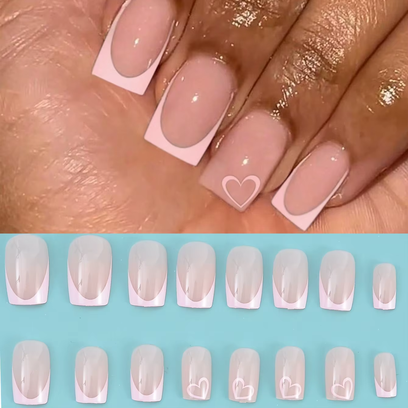Faux ongles rectangulaires en forme de cœur, 24 pièces, couleur chair, pointus, français, pour la sa